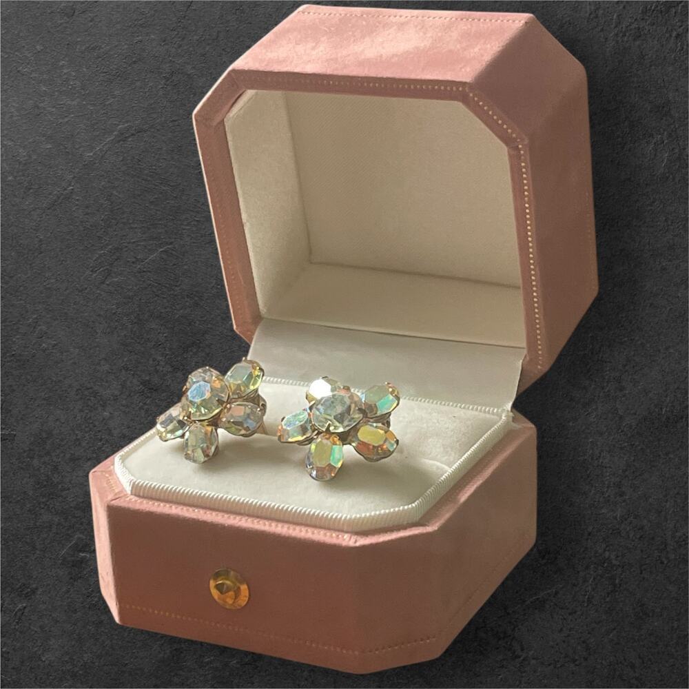 Vintage Weiss Flower Earrings Prong Set AB Crystal Clip On Aurora Borealis - Picture 8 of 13